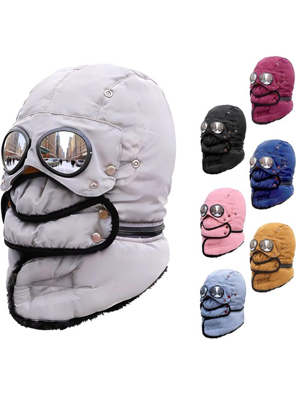 4‑in‑1 Winter Aviator Thermal Hat with Detachable Goggles & Face Mask, Fleece‑Lined Windproof Trapper Hat for Ski Snow Sports