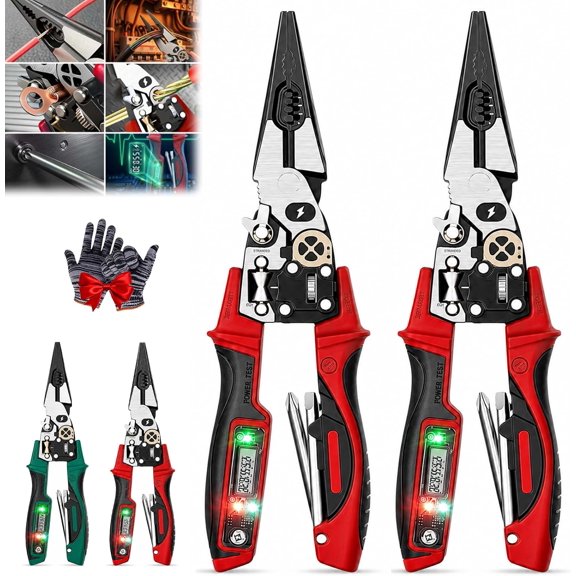 4-in-1 Wire Stripping and Testing Pliers, Digital Display Wire Stripper with LED Indicator, Voltage Tester, Cable Cutter, Crimper, Long Nose Electrician Tool for Home Repair DIY (Red*2)