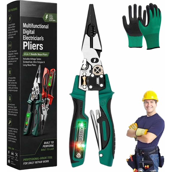 4-in-1 Wire Stripping and Testing Pliers, Heavy-Duty Electrical Pliers & Wire Cutters with Voltage Tester&Alarms, Multi-Function Electrician Tools for Circuit Repair, Outlet Installation (Green)