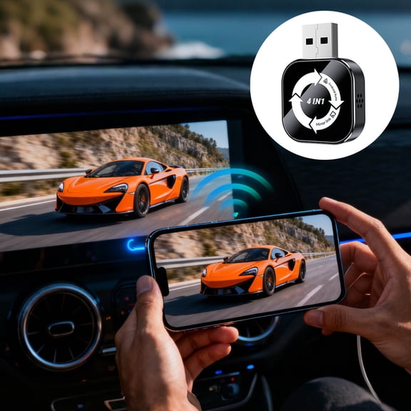 4-in-1 Wireless CarPlay & Android Auto Adapter, USB Screen Mirroring Dongle for Factory Wired CarPlay Vehicles, Dual-Band WiFi & Bluetooth Car Multimedia Receiver