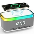 thumbnail image 1 of 4-in-1 Wireless Charger, 15W Fast Desk Wireless Charging Station for iPhone 17-12 Pro Max Plus with Bluetooth Stereo Speaker,Digital Clock Alarm,Colors Night Lamp for iPhone, 1 of 6