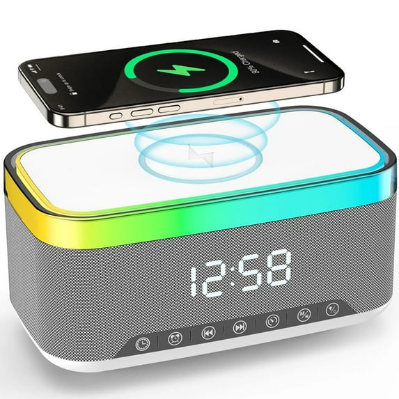 4-in-1 Wireless Charger, 15W Fast Desk Wireless Charging Station for iPhone 17-12 Pro Max Plus with Bluetooth Stereo Speaker,Digital Clock Alarm,Colors Night Lamp for iPhone
