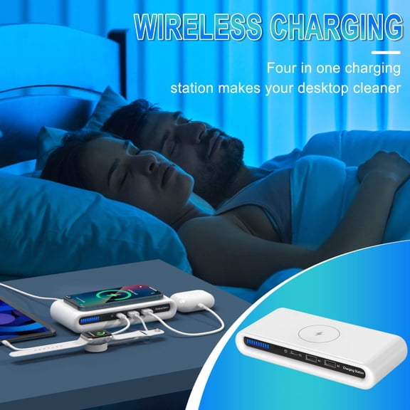 4 in 1 Wireless Charger Station, 15W Fast Charging Stand for Phone Watch Earbuds, QC3.0 Multiport Hub with 8 Color LED Light
