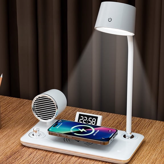 4-in-1 Wireless Charging Desk Lamp with Bluetooth Speaker & Digital Clock, 15W Fast Charging, 3 Color Temperatures, Dimmable Eye-Care Light for Bedside, Nightstand, Office, Dorm Room