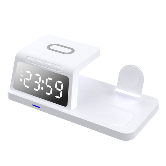 4-in-1 Wireless Charging Station, 15W Digital Alarm Clock Stand for Multiple Devices, Desktop Multi-Interface Charging Station