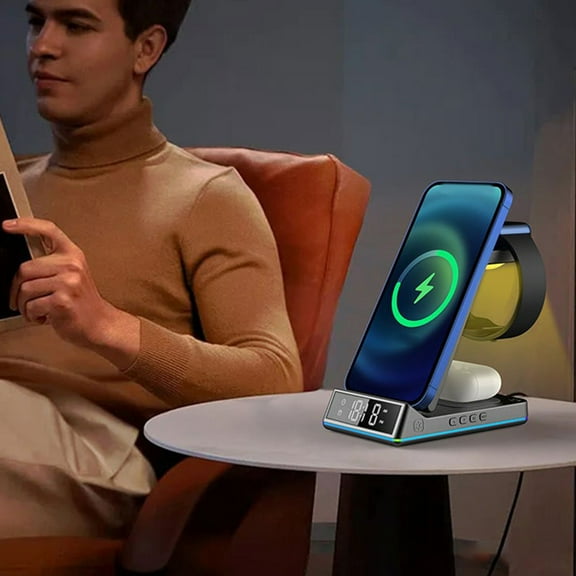4-in-1 Wireless Charging Station, Charging Station for Multiple Devices Compatible with iPhone/AirPods/Watch Charger Stand, Bedside Wireless Charging Multi Station with Night Lamp and Clock(Black)