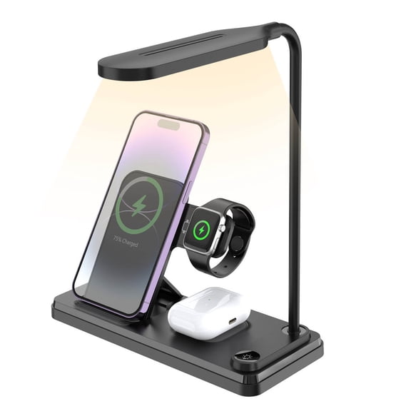 4-in-1 Wireless Charging Station with LED Desk Lamp, Fast Charger Stand for Phone & Earbuds, Multifunctional Night Light & Phone Holder for Home Office