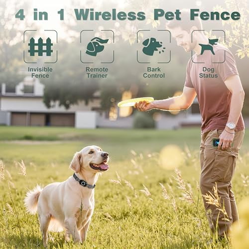 4-in-1 Wireless Dog Fence System Electric Dog Fence with Training Collar & Anti-Bark Collar | Real-Time Pet Status Display | Portable Waterproof Outdoor Pet Containment System