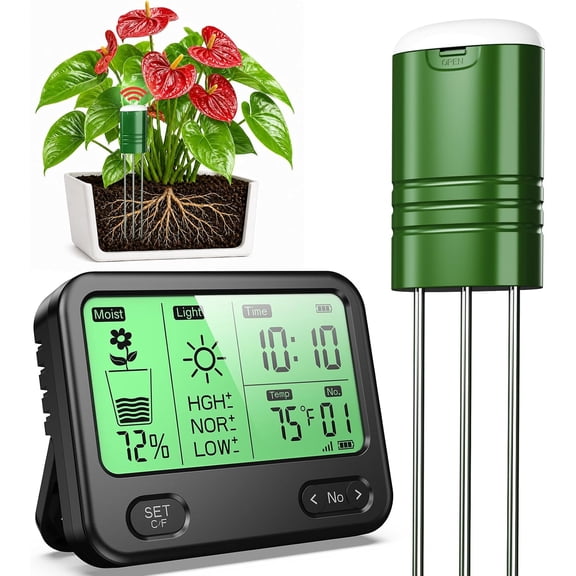 4-in-1 Wireless Soil Moisture Meter, Large Screen Temperature Sunlight Monitor, Indoor Outdoor Plant Tester for Lawn Farm Houseplants, 48in Metal Ground Probe Rod for Soil and Underground Locating