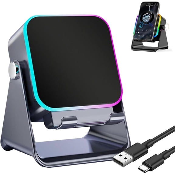 4-in-1 Wireless Speaker Stand, Induction Audio Stand with Stereo Sound & RGB Ambient Light, Universal Holder for Smartphones, Tablets & Electronic Devices