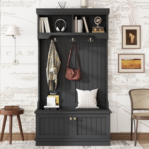 4-in-1 Wood Hall Tree with Storage Shoe Bench and Cabinet, Coat Rack with Metal Double Hooks and Display Shelves, Black