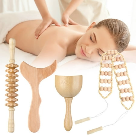 4-in-1 Wood Therapy Massage Tools, Lymphatic Drainage Massage Cup Roller Stick Rope Contouring Board, Cellulite Body Sculpting Kit for Muscle Pain Relief