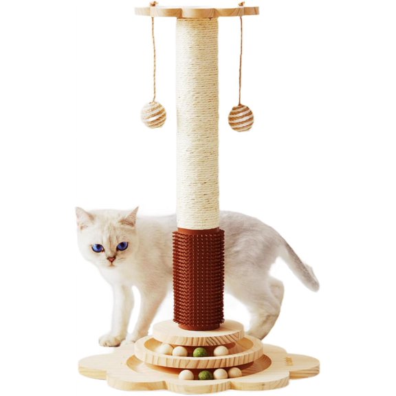 4-in-1 Wooden Cat Scratcher Post with Groomer, 24" Tall Cat Climbing Tree with Interactive Track Balls and 2 Hanging Toys for Kittens