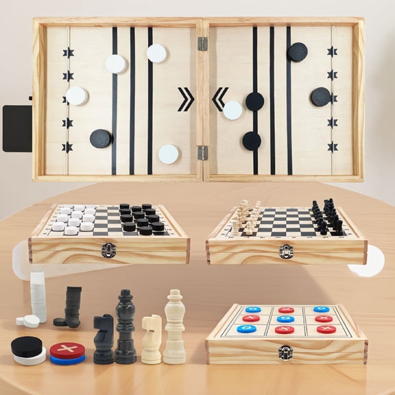 4-in-1 Wooden Foldable Sling Puck Game Set with Chess, Checkers, Toe, Portable Tabletop Board Game for and Adults