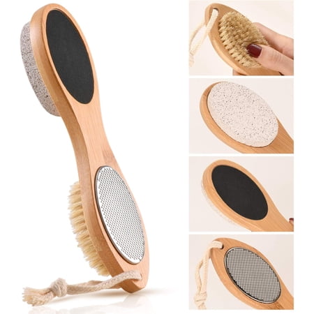 4-in-1 Wooden Foot Scrubber and Callus Remover, Pedicure Tool with Pumice Stone, Stainless Steel Rasp and Sanding Pad, Natural Wood Foot File, 8.1-Inch
