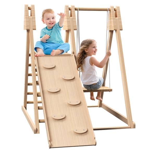 4 in 1 Wooden Jungle Gym with Climbing Toys, Stair Slide Swing Set - Outdoor Backyard Playground Equipment Playset for Kids Aged 3 - 8
