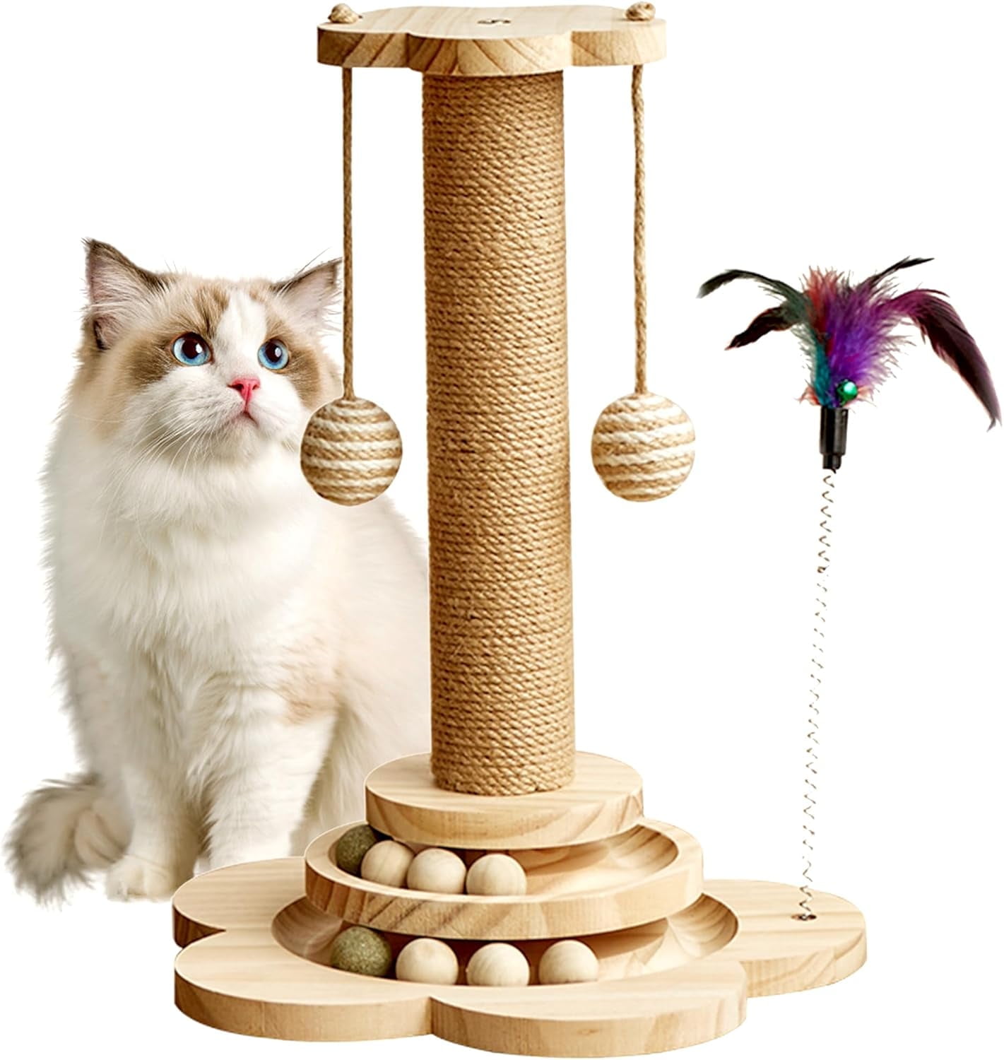 4 in 1 Wooden & Sisal Cat Scratching Post with 2 Level Cat Track Balls & Interactive Feather Toy, Natural Wood