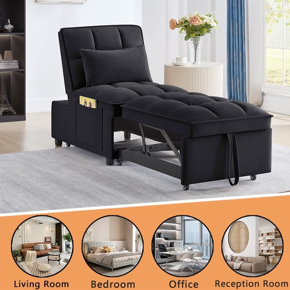 4-in-1 convertible sofa bed, velvet-padded tufted chair, adjustable backrest and side pockets, modern recliner, suitable for living rooms, offices, and small spaces (black).