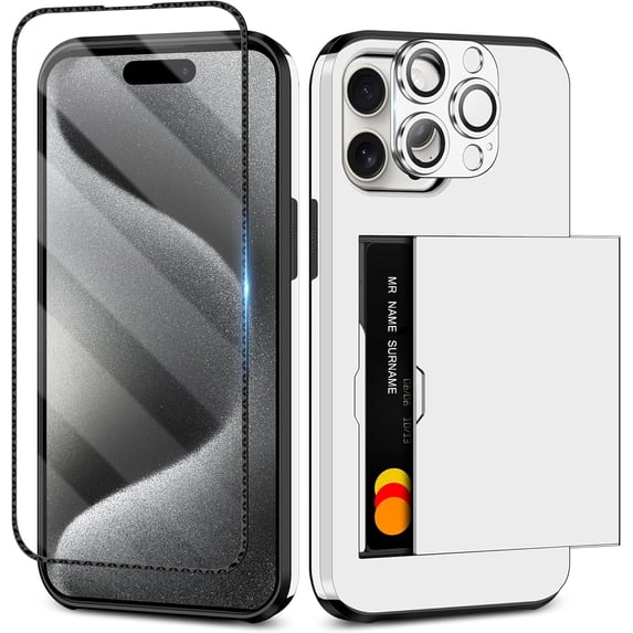 4-in-1 iPhone 15 Pro Max Case with Screen Protector & Camera Cover Full Body Hybrid iPhone 15 Pro Max Case Wallet Card Holder Shockproof Protective Case for iPhone 15 Pro Max for Women Men