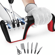 4-in-1 knife sharpener, 4 stage, with cut-resistant glove, premium polish blades, works for fruit knife, steel blades and scissors