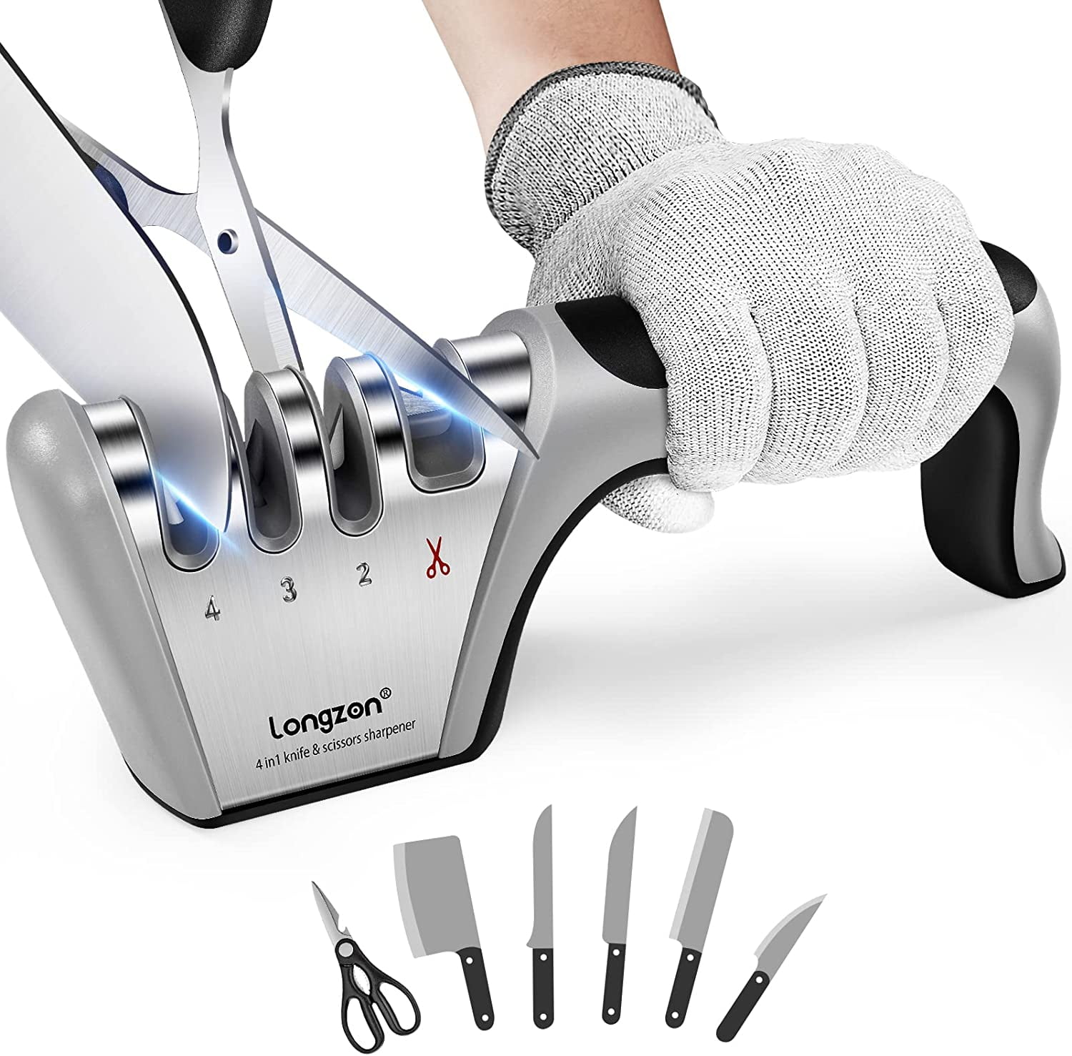 4-in-1 longzon [4 stage] Knife Sharpener with a Pair of Cut-Resistant Glove, Original Premium Polish Blades, Best Kitchen Knife Sharpener Really Works for Ceramic and Steel Knives, Scissors.