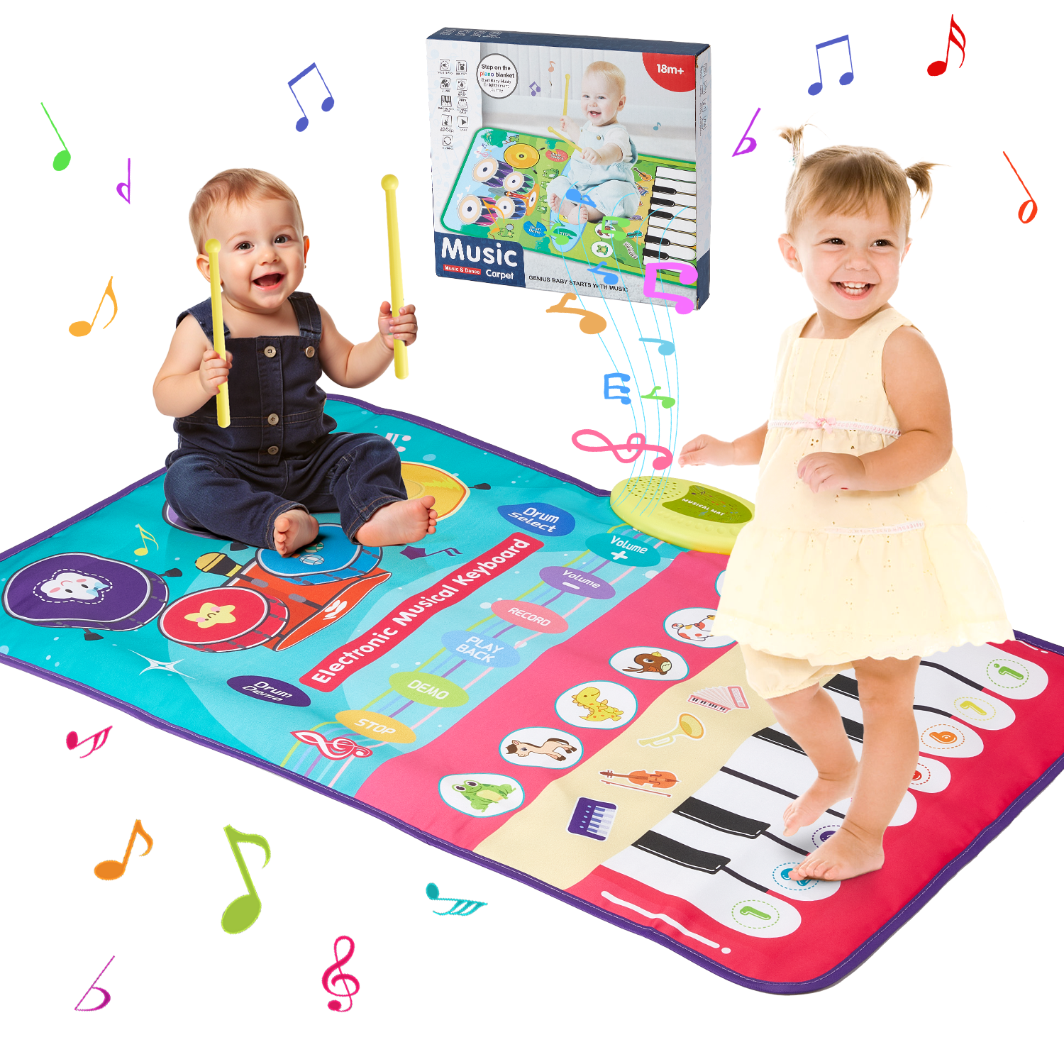 Petbank 4 in 1 Musical Mat for Toddlers, Electronic Piano Mat with Piano Keyboard, Drum Mat & 2 Drum Sticks, Baby Toy Gift for 1 2 3 Year Old Boys & Girls