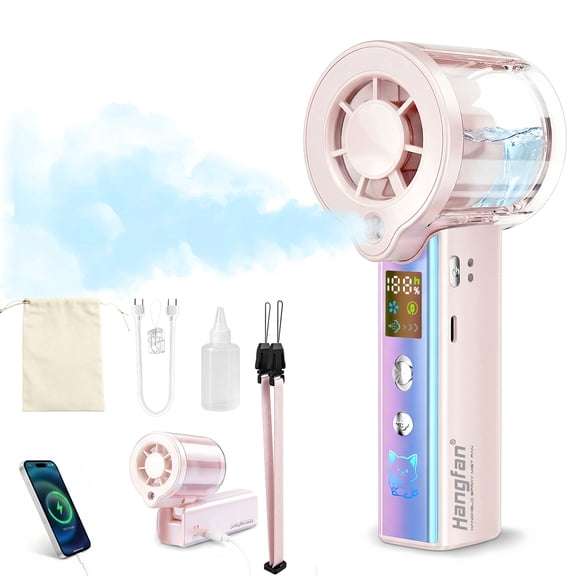 4-in-1 portable spray handheld fan, Extra-large battery USB rechargeable spray fan, 100 gear adjustable, mini fan, foldable personal fan, LED display, Applicable to makeup/shopping/concert(Pink)