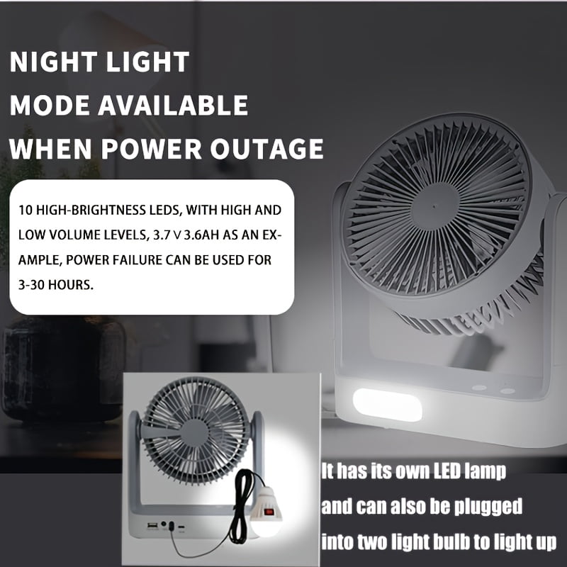 4-in-1 solar & AC rechargeable fan with 2 bulbs. High-velocity, portable, ideal for camping, home and garage ventilation.