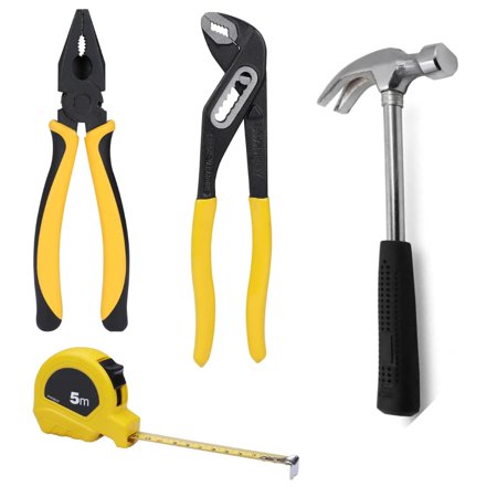 4-in-1 tool kit: Plier, Water Pump Plier, Mini Hammer, and 5m Tape. Ideal for DIY, home, electrical, and plumbing repairs. Durable & ergonomic design in a handy carry case.
