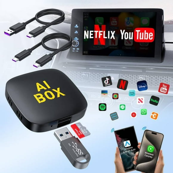 4-in-1 wireless CarPlay adapter supports Netflix/YouTube/TF card, Android Auto and Carplay adapter comes with USB-A and USB-C cables to convert wired to wireless Apple Dongle, iOS video in-car playba