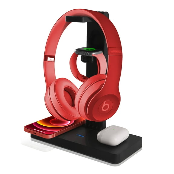 4-in-1 wireless charger with adapter removable practical 4-in-1 wireless charger headset holder OfficeP10. IPhone case Suitable for Bluetooth headset and watch black