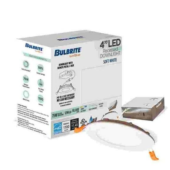 4 in. 12W LED High Lumen Recessed Downlight with Metal Jbox Round Dimmable - 80CRI 3000K 120V, White - Pack of 4