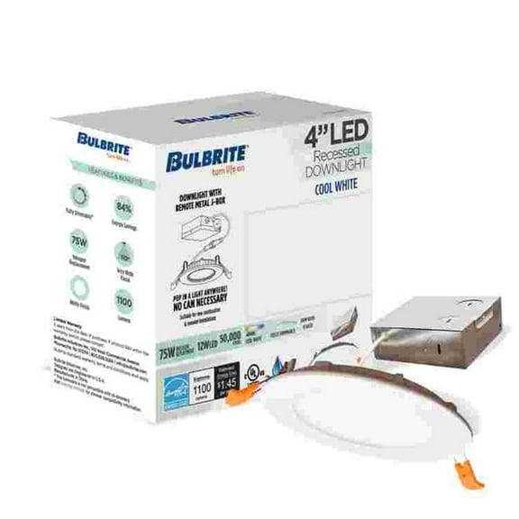 4 in. 12W LED High Lumen Recessed Downlight with Metal Jbox Round Dimmable - 80CRI 4000K 120V, White - Pack of 4