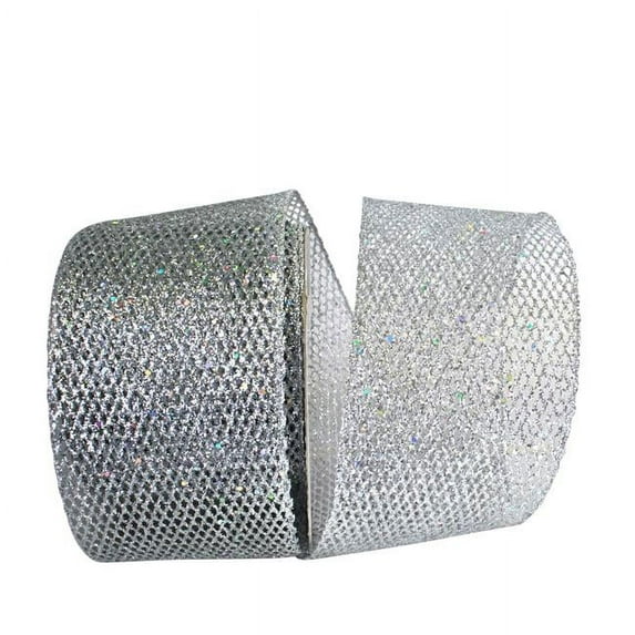 4 in. 25 Yards Grand Net Glitter Wired Edge Ribbon, Silver