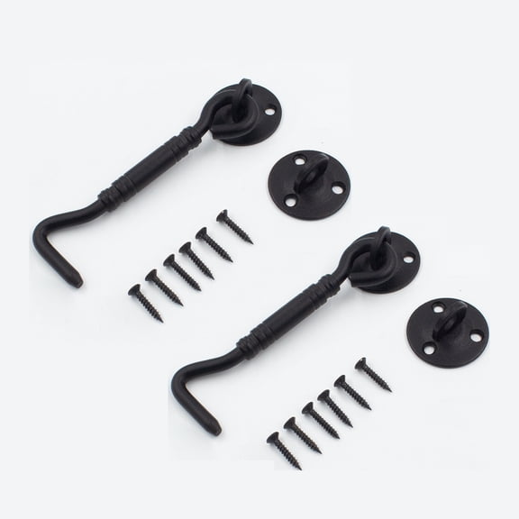 4 in Door Hook and Eye Latch Set, Steel Gate Hook with Screws for Cabinet, Window and Sliding Door, Black, 2 pack