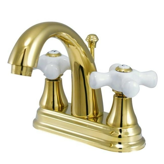 4 in. English Vintage Centerset Lavatory Faucet with Procelain Cross Handle - Polished Brass