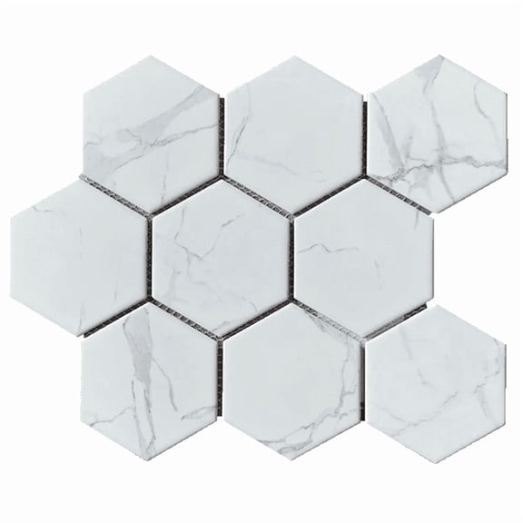 4-in Hexagon 12-in x 10-in Porcelain Glazed Statuario Satin Mosaic Floor and Wall Tile( 16.67 sq. ft. /Box )