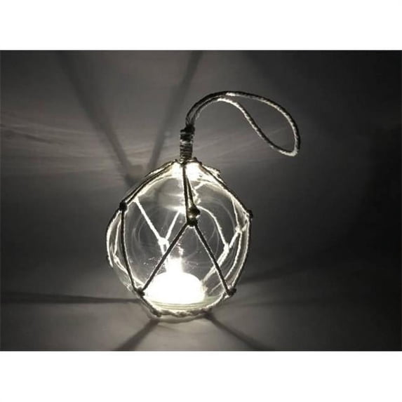 4 in. LED Lighted Clear Japanese Glass Ball Fishing Float with White Netting Decoration