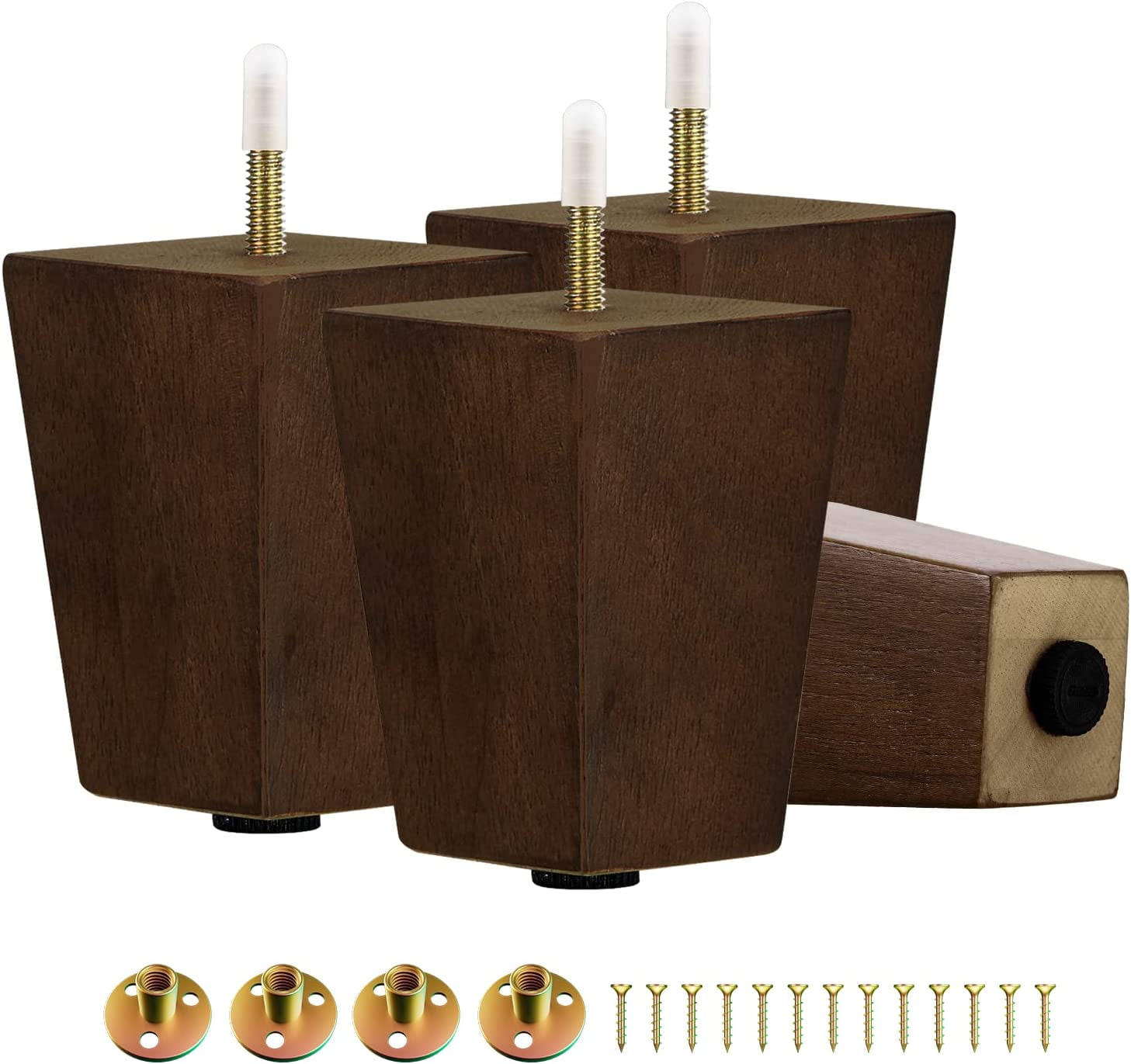 4-Inch Square Brown Rubberwood Furniture Legs Set of 4