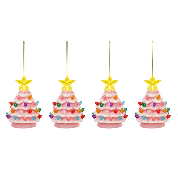 4 in. Set of 4 Nostalgic Ceramic Tree Ornaments - Pink with Multicolored Bulbs
