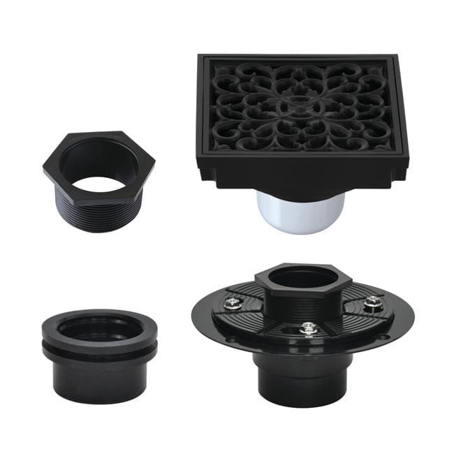 Matte Black 4-Inch Square Brass Shower Drain with Geometric Pattern
