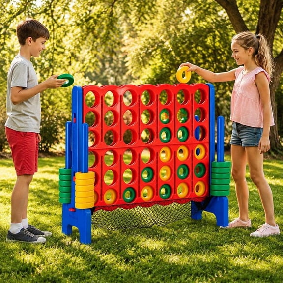 4 in a Row Giant Game Set, blue, 42 pieces, with net storage, for indoor and outdoor family use