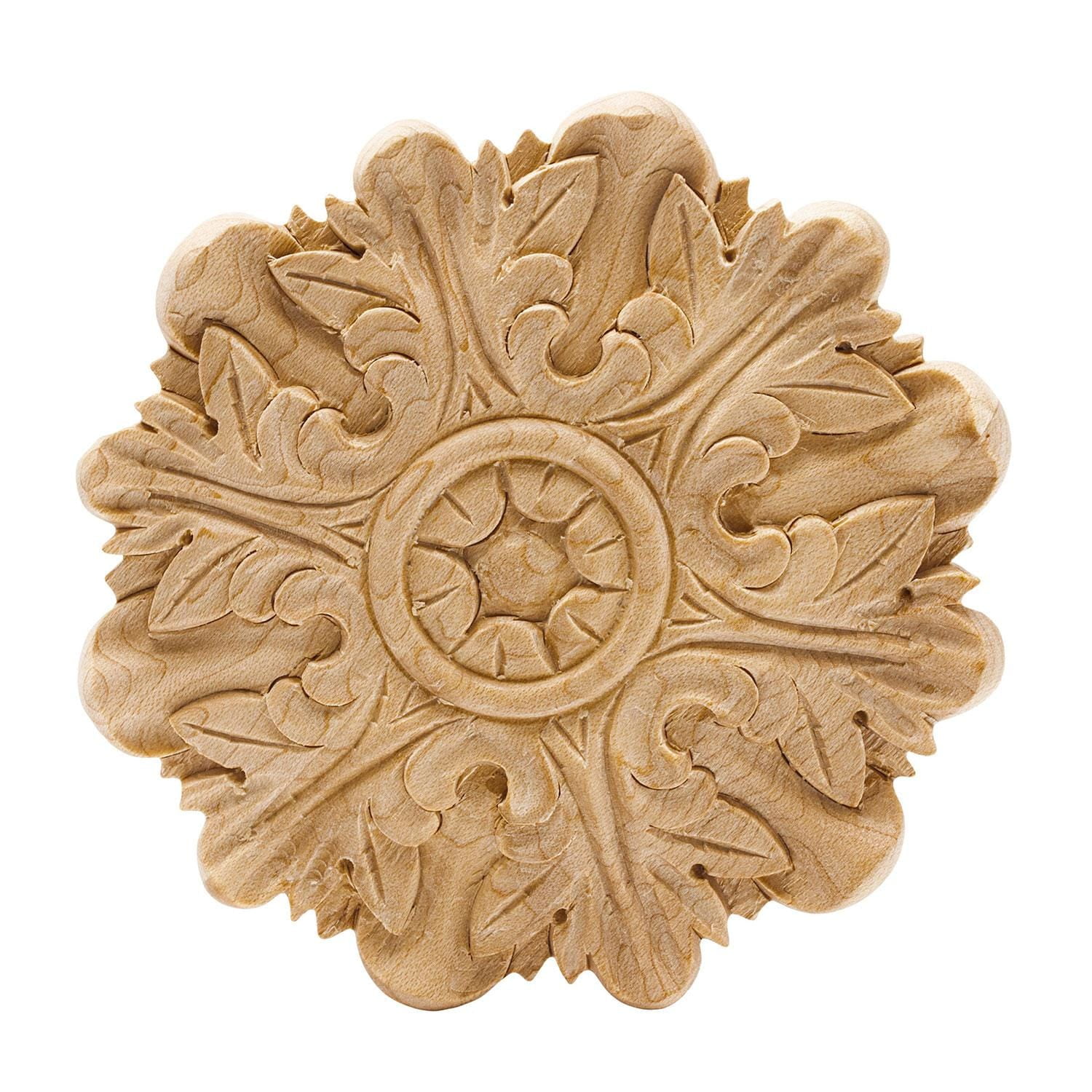 4" Unfinished Hand Carved Maple Rosette Acanthus Wood Applique