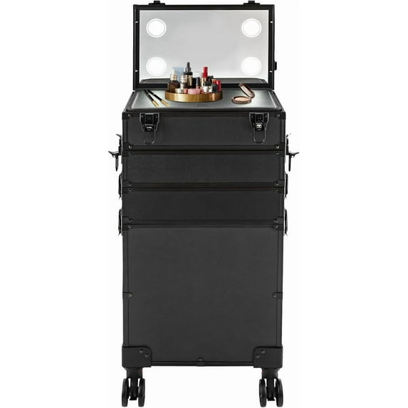 4 in1 Aluminum Rolling Makeup Train Case, Cosmetic Lockable Trolley with Mirror of LED Lighted 3 Color Salon Barber Case Traveling Cart Trunk with Storage box for Freelance Makeup Artist
