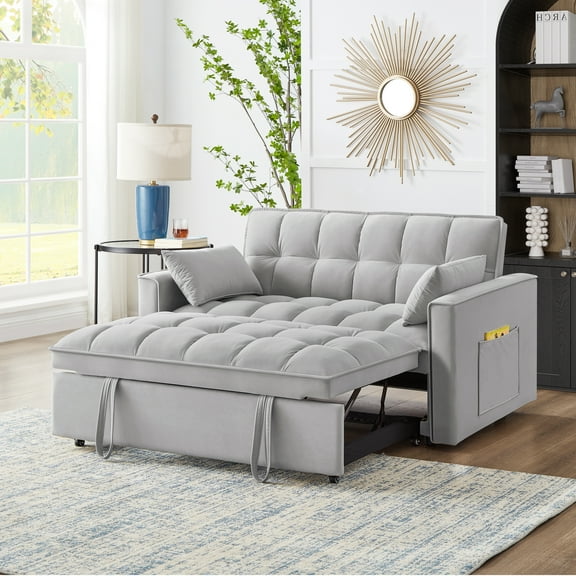 4 in1 Loveseat Sofa Bed with Armrests & Storage Pockets, Multi-Function Tufted Pull-out Sofa Bed with Adjustable Backrest and Pillows, Convertible Loveseat Sofa Couch, Gray