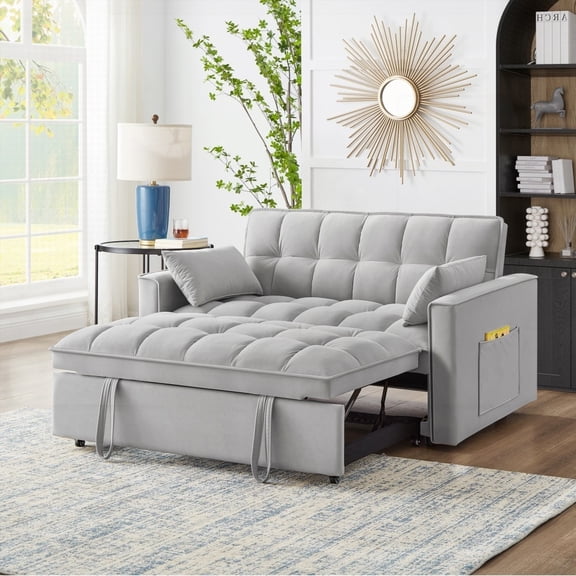 Modern Gray Tufted Loveseat Sofa Bed with Armrests & Storage Pockets (85×80×75cm)