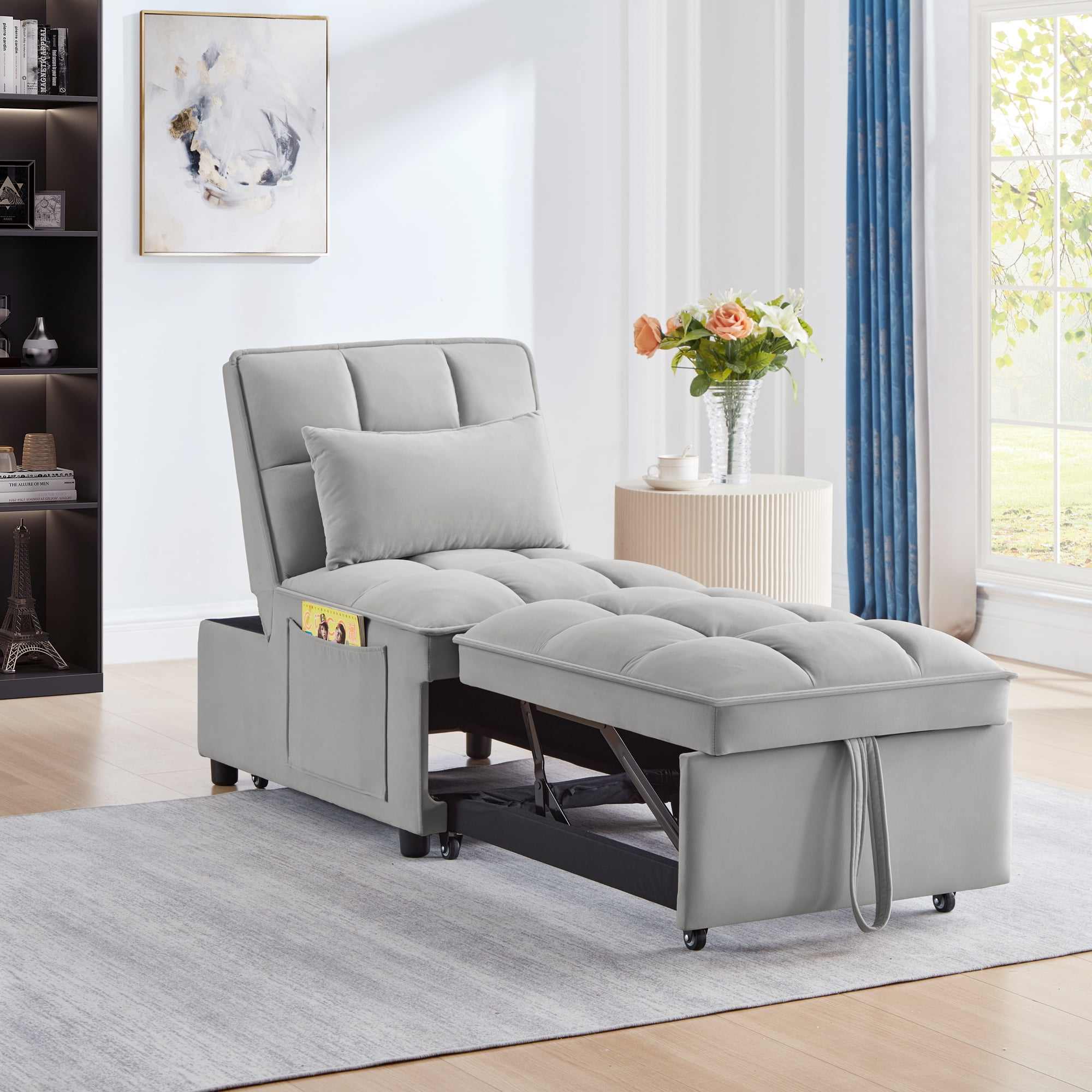 4 in1 Multi Function Single Sofa Bed with Storage Pockets Tufted Single Pull out Sofa Bed with Adjustable Backrest and Pillows Convertible Chaise Lounge Walmart