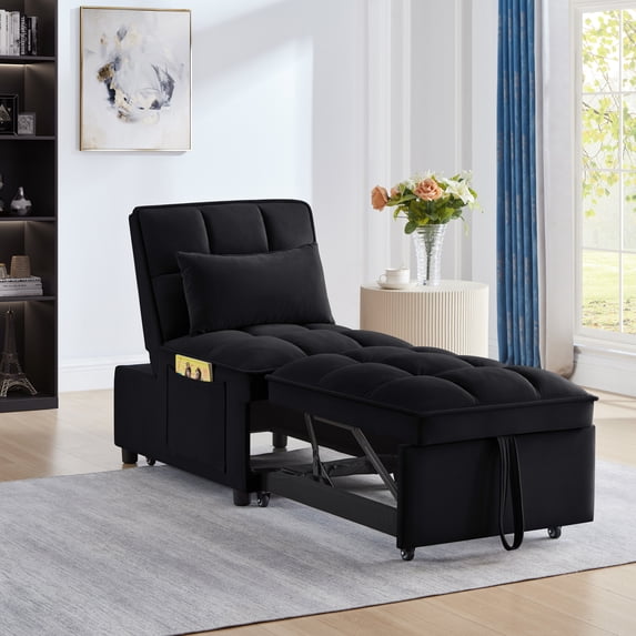 4 in1 Multi-Function Single Sofa Bed with Storage Pockets,Tufted Single Pull-out Sofa Bed with Adjustable Backrest and Pillows ,Convertible Chaise Lounge,Black