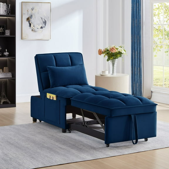 4 in1 Multi-Function Single Sofa Bed with Storage Pockets,Tufted Single Pull-out Sofa Bed with Adjustable Backrest and Pillows ,Convertible Chaise Lounge, Navy