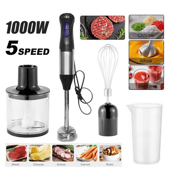 4 in1 handheld immersion blender, 5-speed powerful handheld blender stick with 304 stainless steel blades, chopper, beaker, whisk for smoothies, baby food, purees and soups.